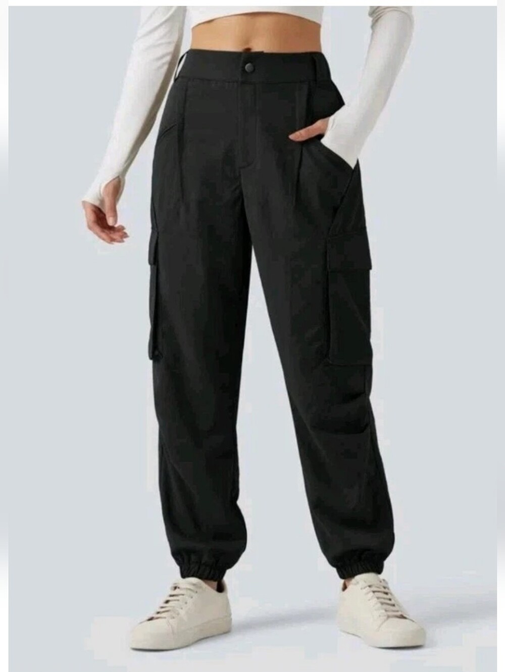 Halara Mid Rise Casual Cargo Joggers Nylon Black Ankle Athleisure Gym Hiking L
